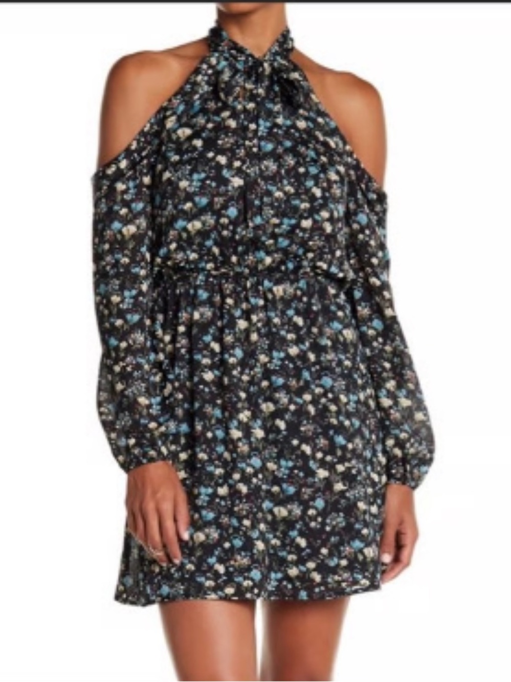NSRBlack Floral Cold-Shoulder Tie-Neck Mini Dress